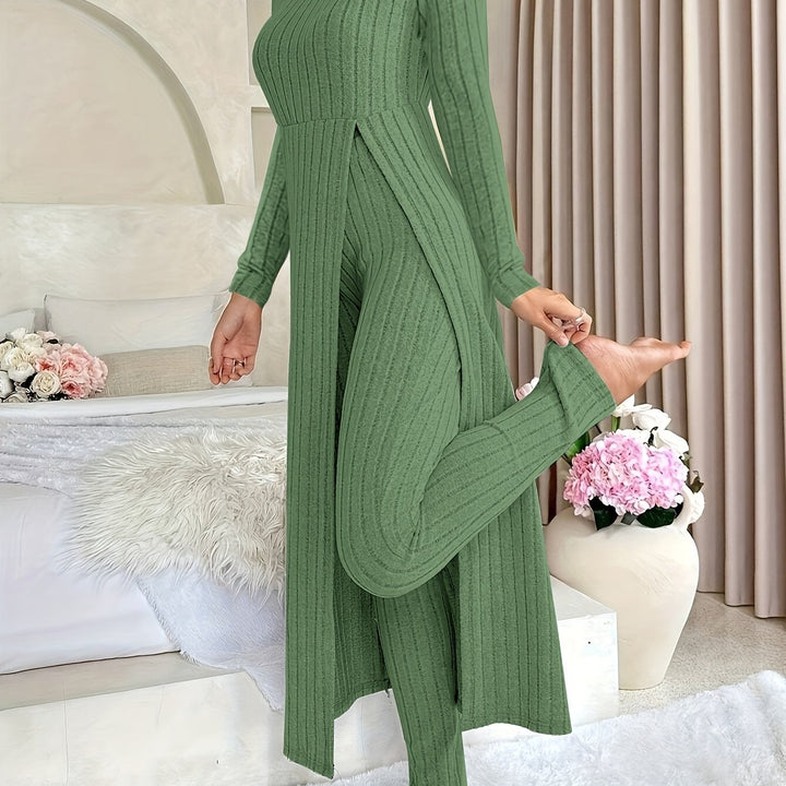 Rochy-Ribbed Long-sleeved Top and Bottom
