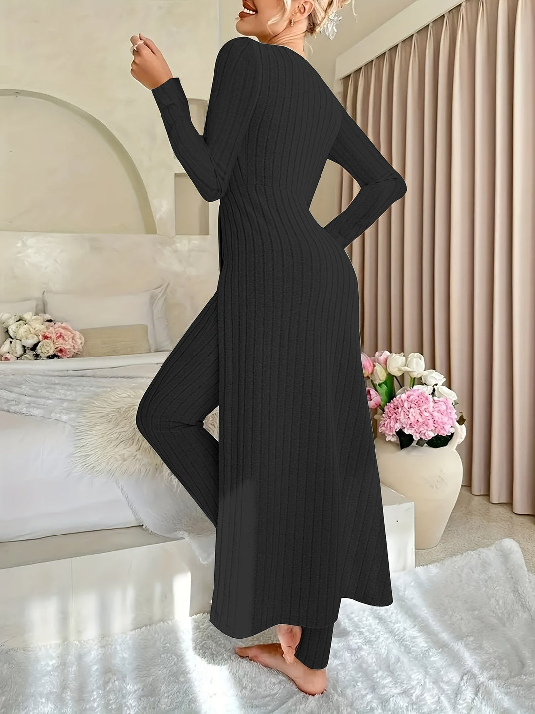 Rochy-Ribbed Long-sleeved Top and Bottom