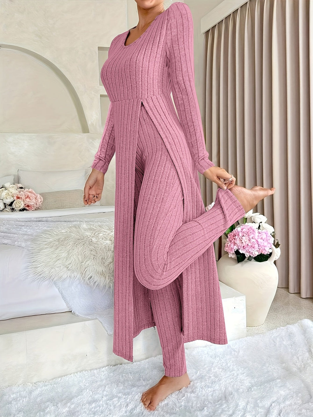 Rochy-Ribbed Long-sleeved Top and Bottom